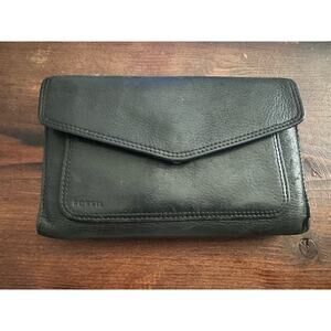 Fossil Flap Front Checkbook Wallet black Leather back pocket zippered READ